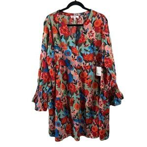 Daily Thread Floral Colorful Tunic Mini Dresss Long Sleeve, Sz 2X
